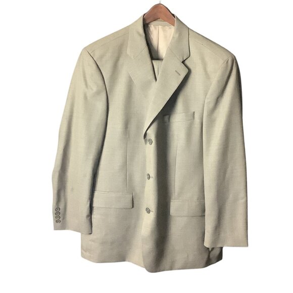 Kasper Men's Khaki Tan Wool Suit Jacket & Pants 2-Piece Set 46L Pure Virgin Wool - Picture 1 of 16